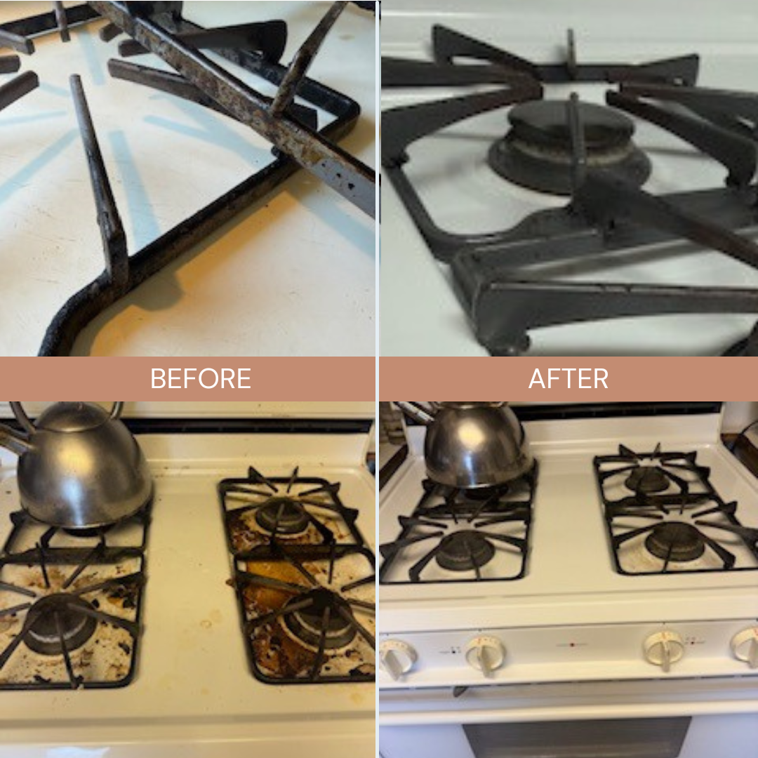 Stovetop before and after cleaning collage